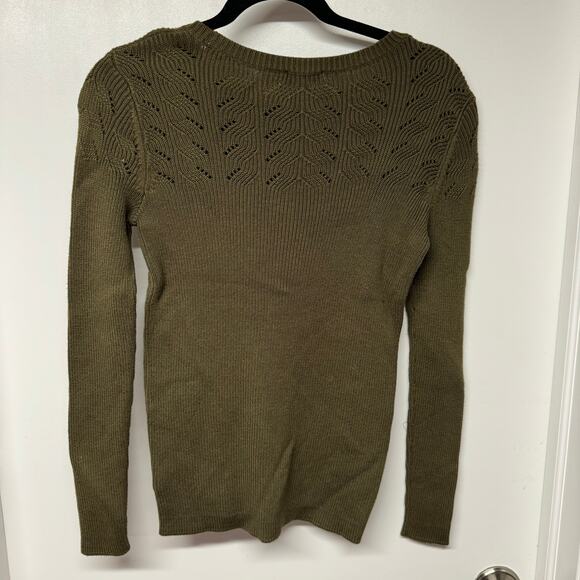 Talbots Womens Olive Green Scoop Neck Sweater Brass Buttons Open Knit Size XS - Picture 2 of 7
